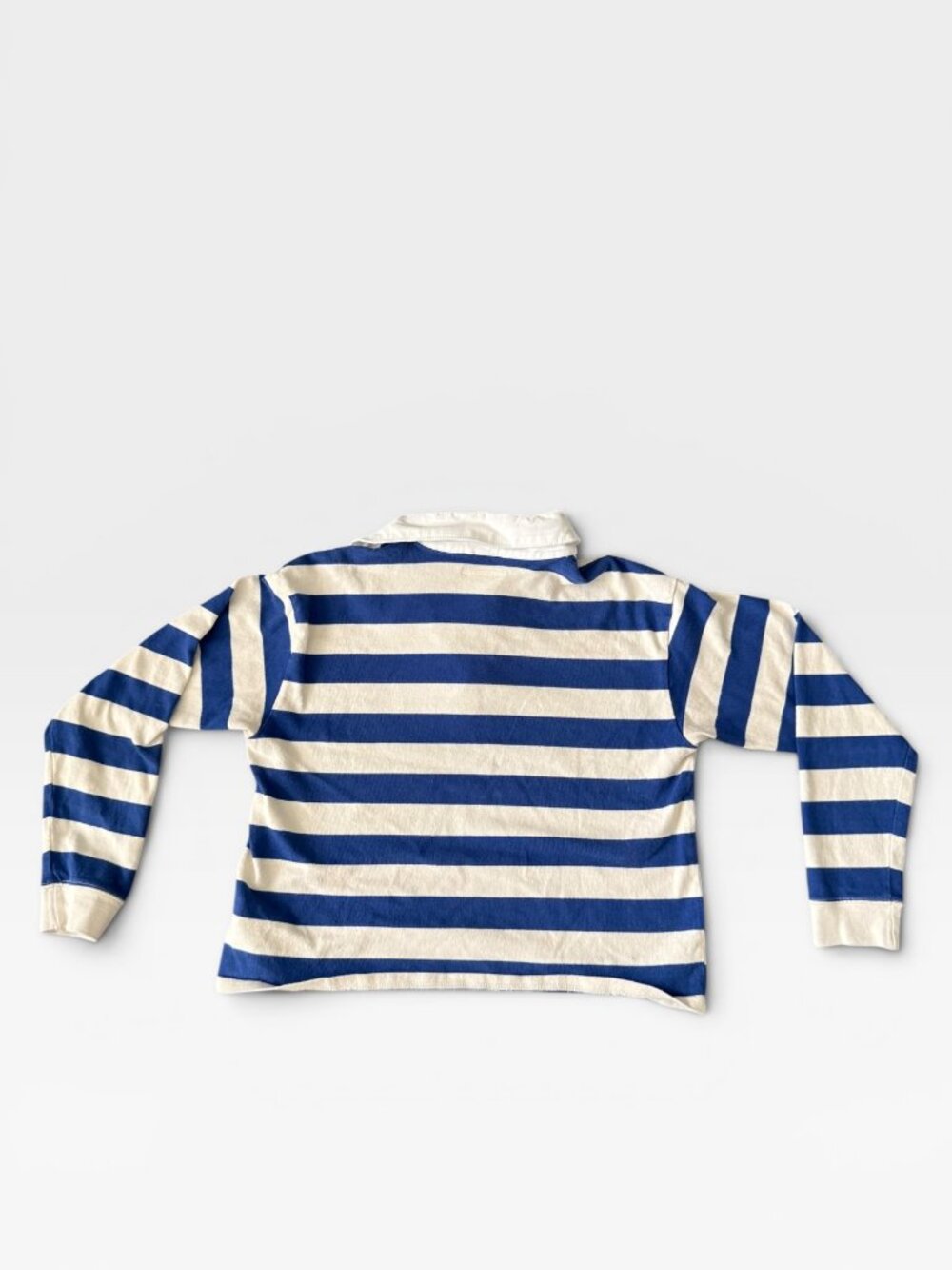 MOTHER Boxy Polo Crop Tee in Game On- Blue/Cream Stripes- S- Long Sleeve - Picture 12 of 16
